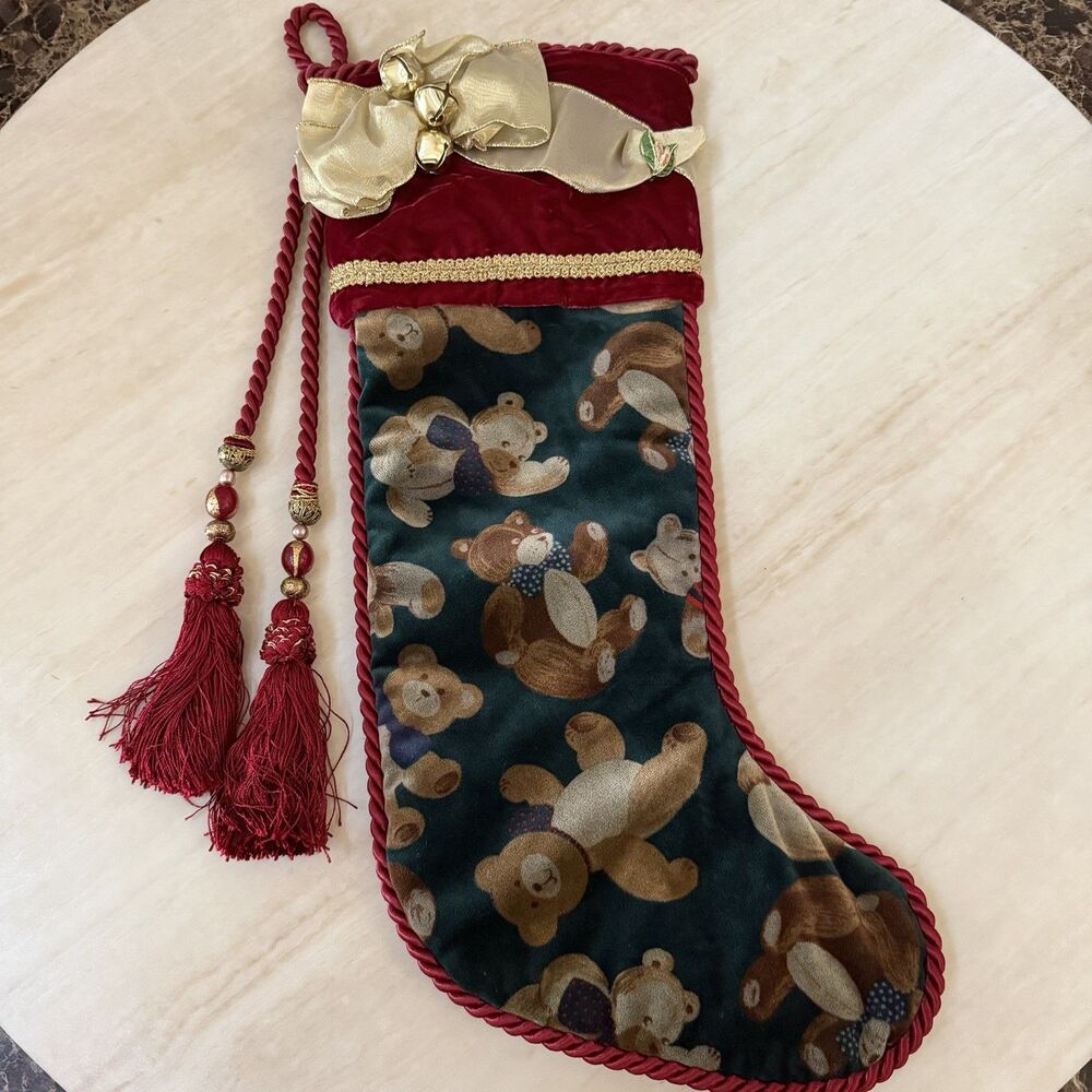 Vintage Joi Ellis Victorian Christmas Stocking Red Velvet Teddy Bear Tassel 23”